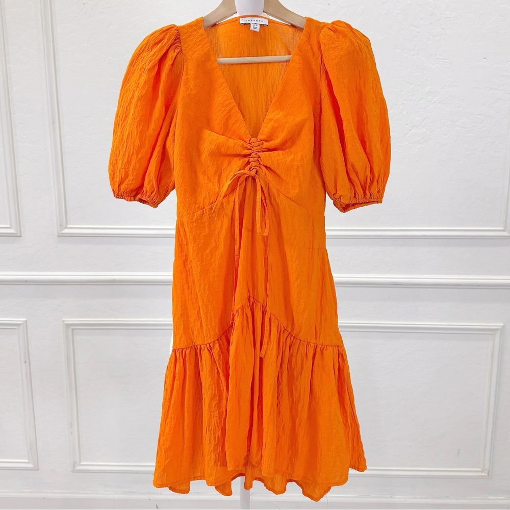 Topshop Mini Dress Womens 4 Orange Ruched Puff Sleeve Boho Babydoll Festival